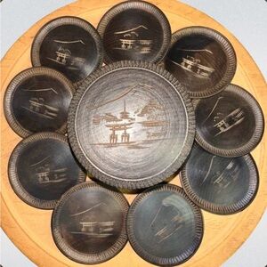 Vintage C.1960's Asian Mt. Fuji Wood-Carved Drink Coasters‎ & Carrier/Holder